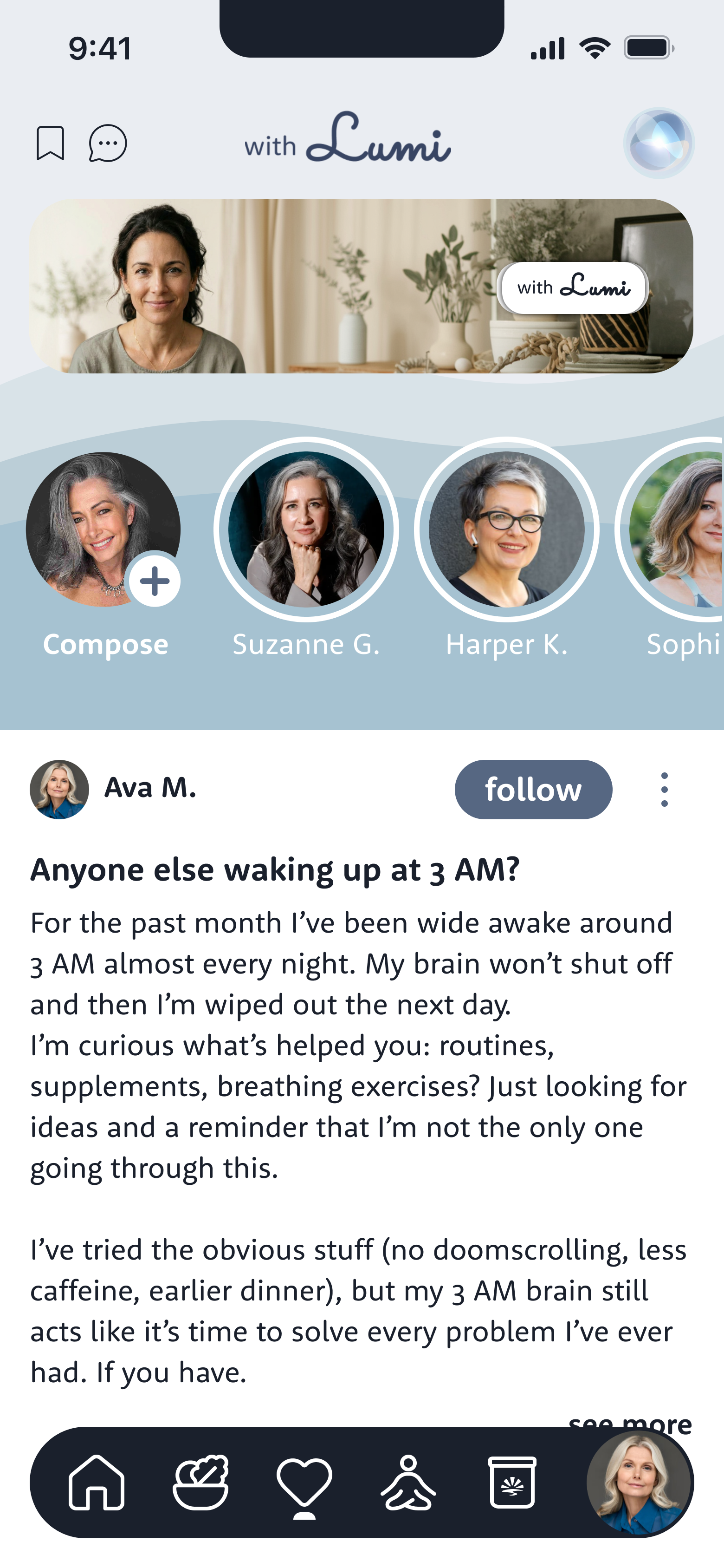 A member post in the Lumi Community feed: a voice note and message about waking up at 3 a.m., with reactions and menopause-aware tags