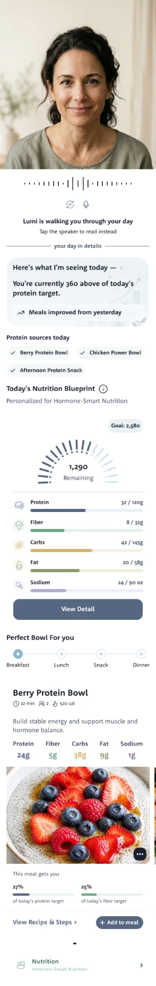 Lumi's nutrition view: what she's seeing today, protein status, today's nutrition blueprint and the Berry Protein Bowl