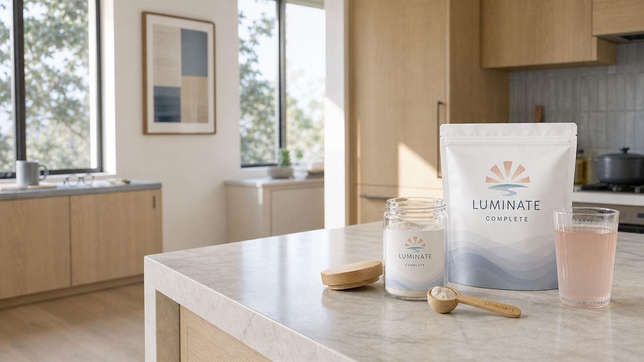 Luminate Complete pouch, open glass storage jar, wooden scoop and a prepared drink on a kitchen island in a light-wood kitchen