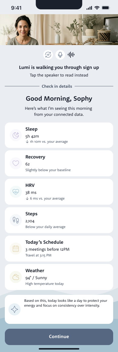 The Lumi morning check-in screen: sleep, recovery, HRV, steps, today's schedule and weather