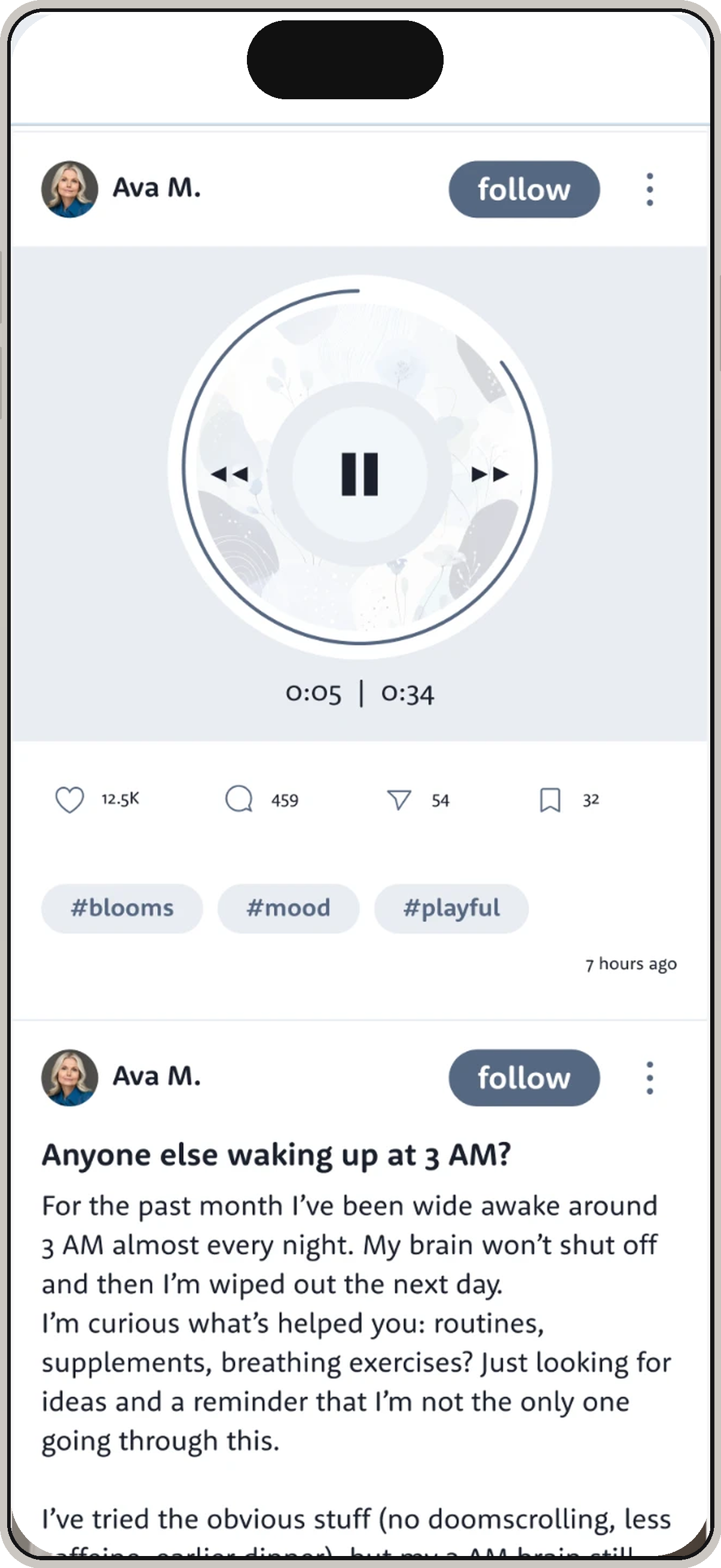 A member post in the Lumi Community feed: a voice note and message about waking up at 3 a.m., with reactions and menopause-aware tags