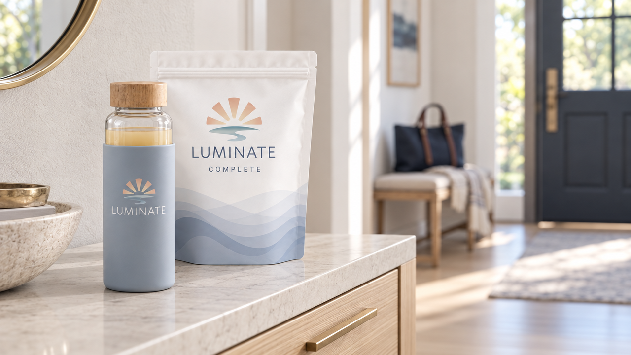 Luminate Complete pouch and blue-sleeved glass bottle on a sunlit entryway counter