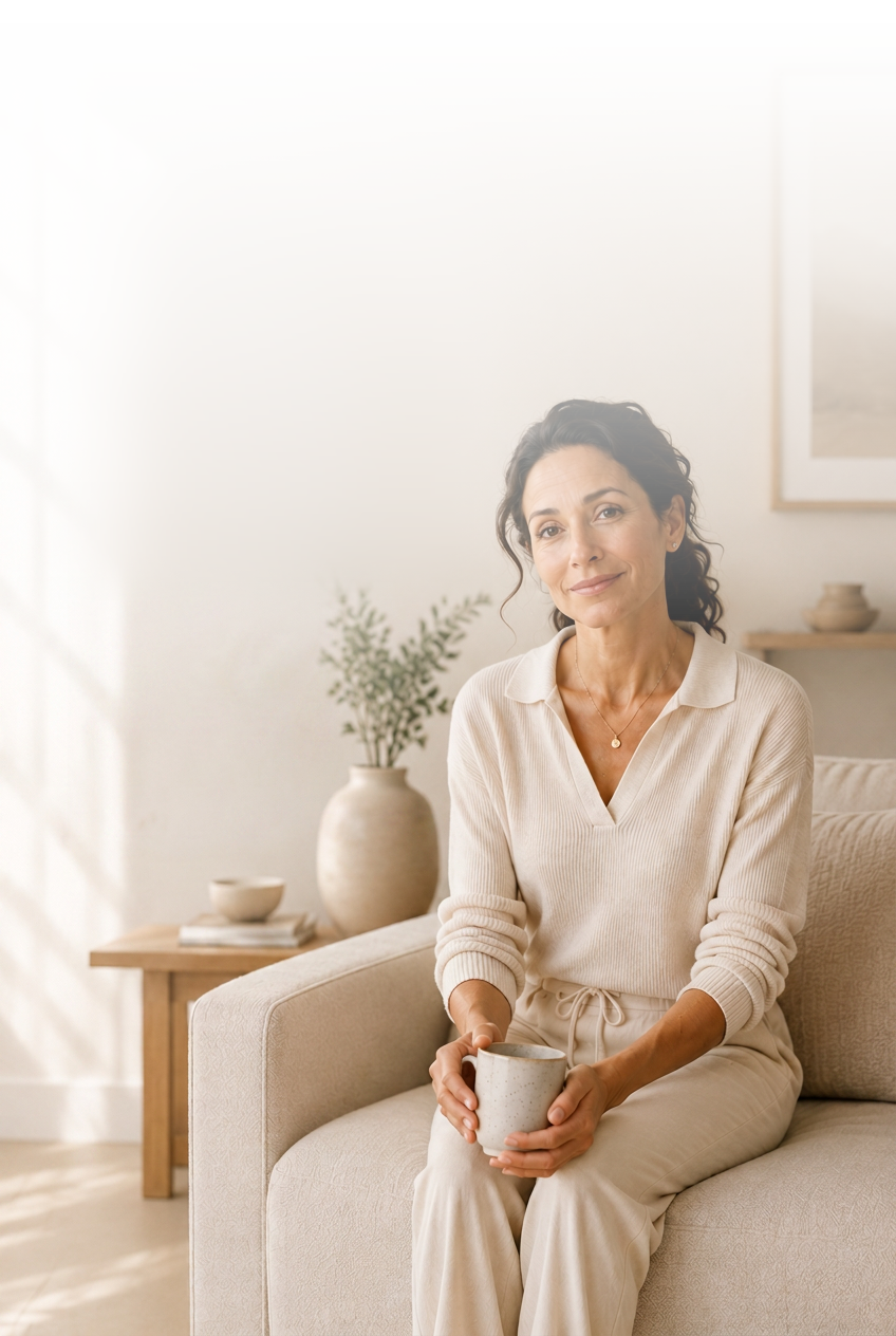 A woman sitting calmly at home in soft morning light with a cup of coffee