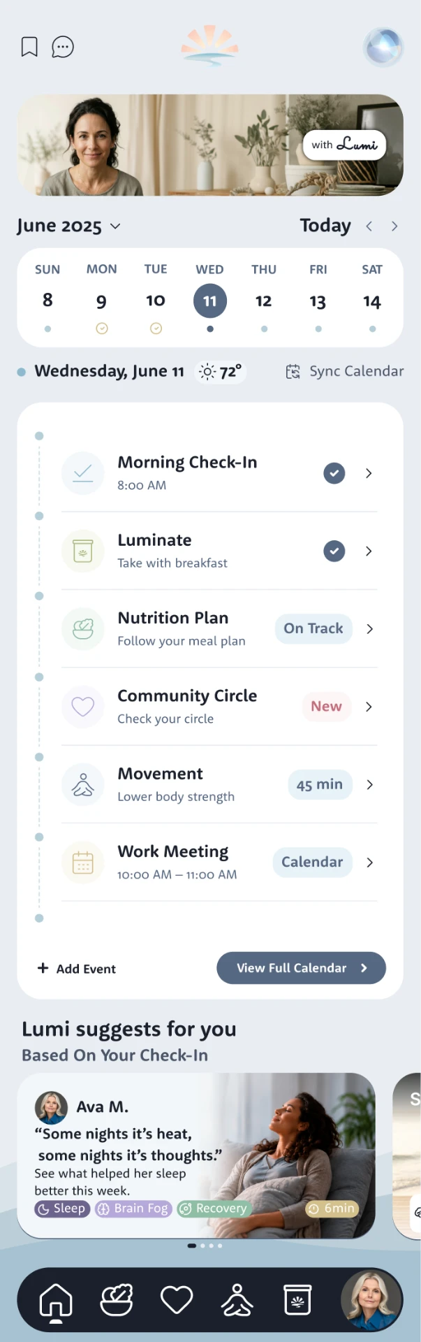 The Lumi app home screen for Wednesday, June 11 at 72°: Morning Check-In, Luminate, Nutrition Plan, Community Circle, Movement and a work meeting, with a suggested member post below